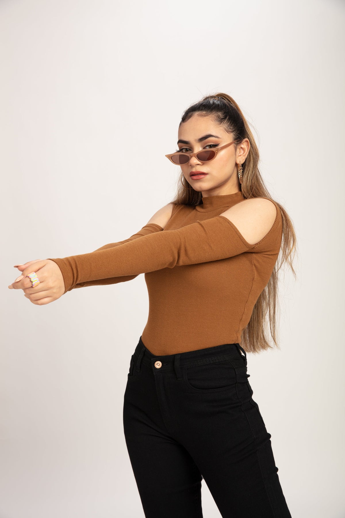 RǏWYÑ | Teddy Brown Cold Shoulder Mock Neck Top