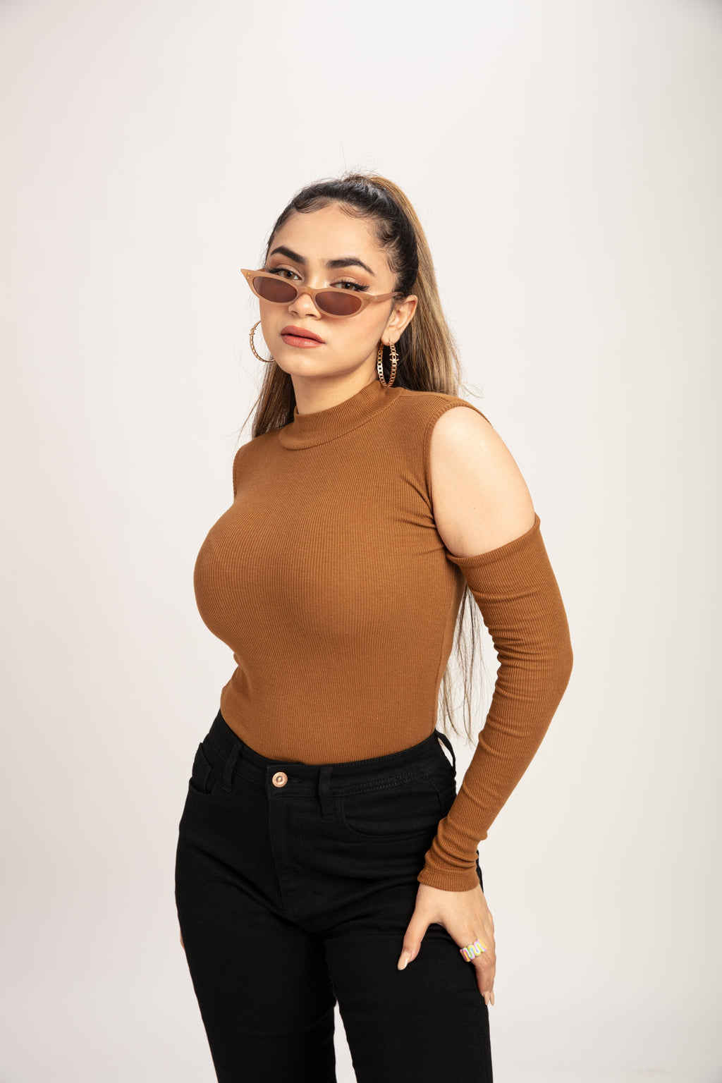 RǏWYÑ | Teddy Brown Cold Shoulder Mock Neck Top