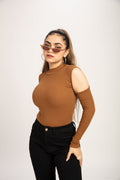 RǏWYÑ | Teddy Brown Cold Shoulder Mock Neck Top