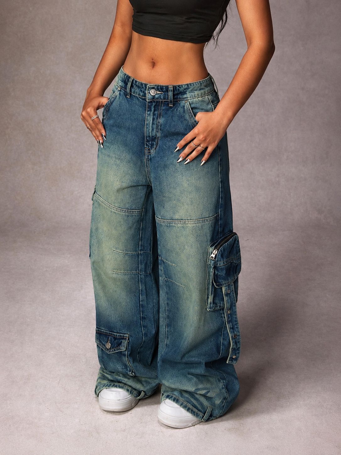 RǏWYÑ | Navy Solar Wide Leg Cargo Jeans