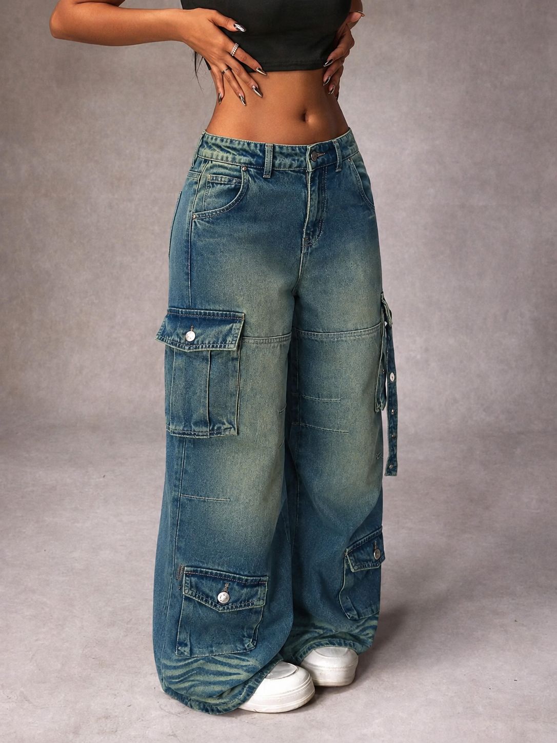 RǏWYÑ | Navy Solar Wide Leg Cargo Jeans
