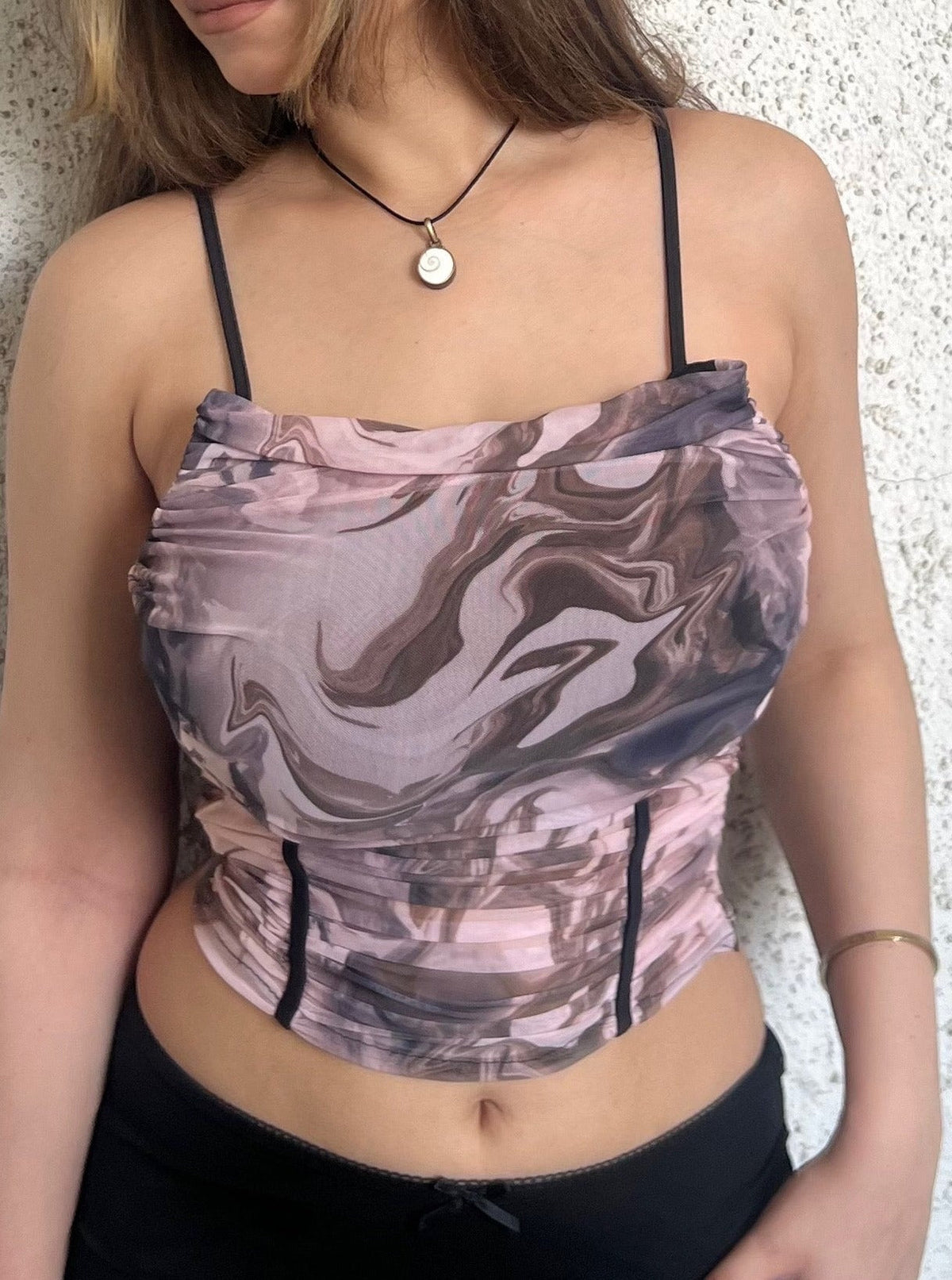 RǏWYÑ | Fluid Art Printed Ruched Mesh Top