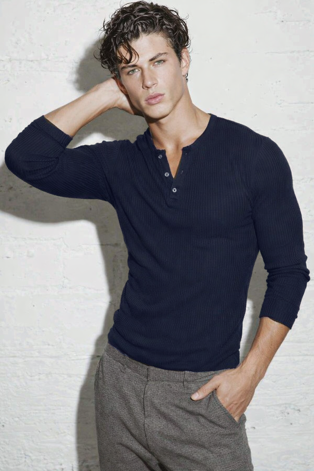 RIWYN Fine Rib Henley Full Sleeve Tee