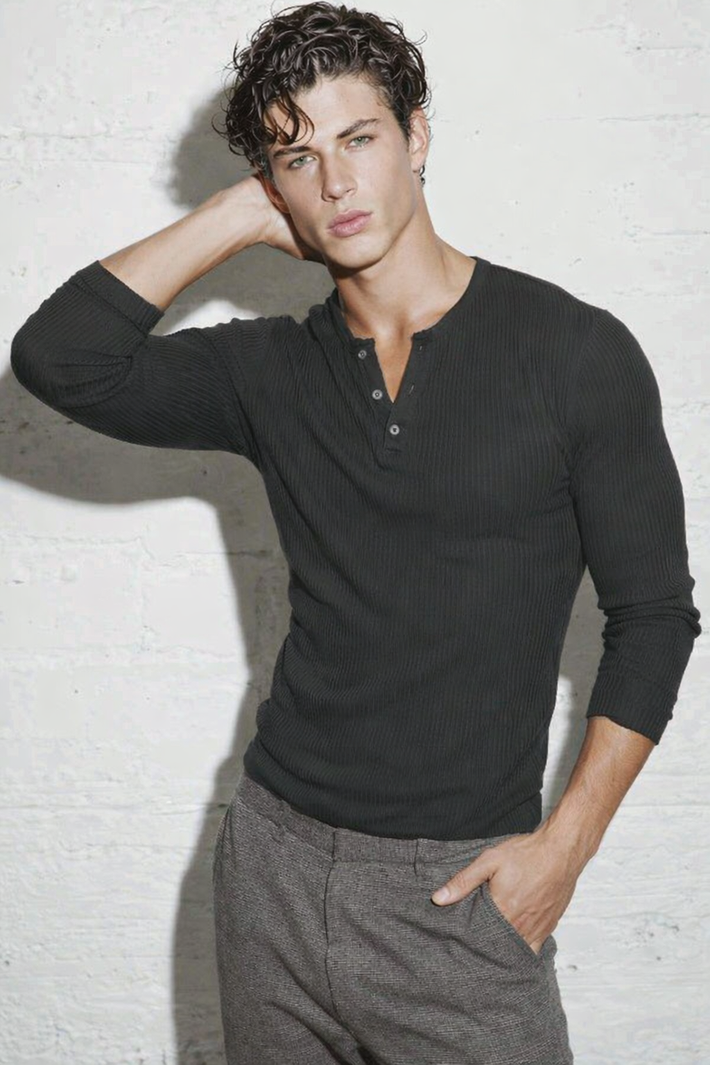 RIWYN Fine Rib Henley Full Sleeve Tee