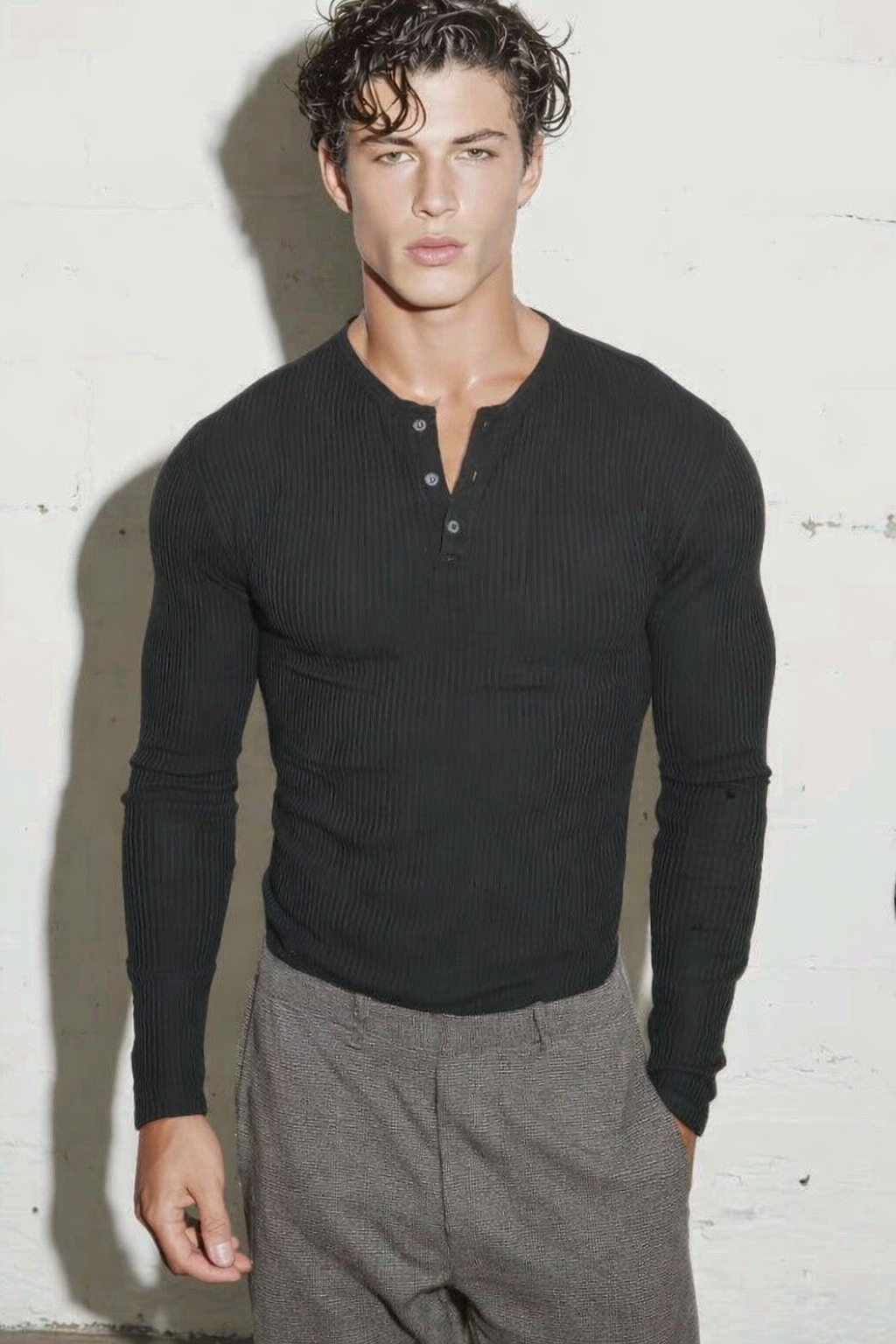 RIWYN Fine Rib Henley Full Sleeve Tee