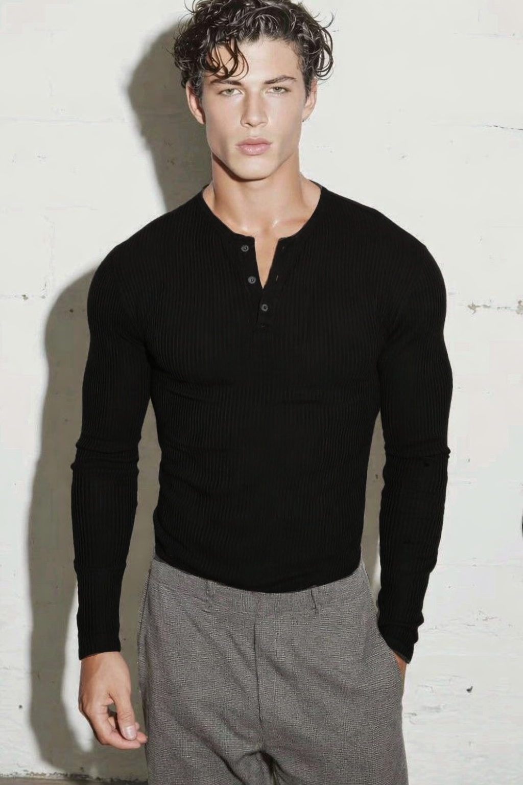 RIWYN Fine Rib Henley Full Sleeve Tee