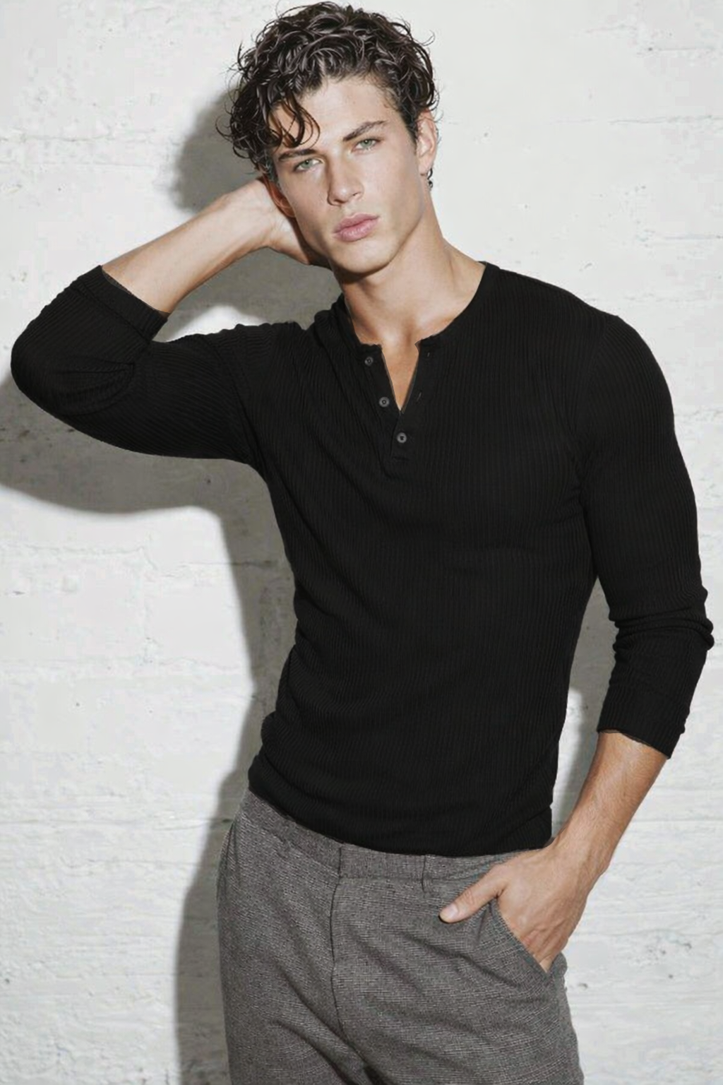 RIWYN Fine Rib Henley Full Sleeve Tee