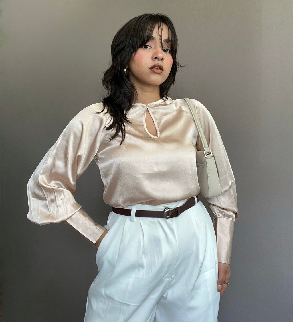 RǏWYÑ | Loose Satin Blouse With Wide Puff Sleeve