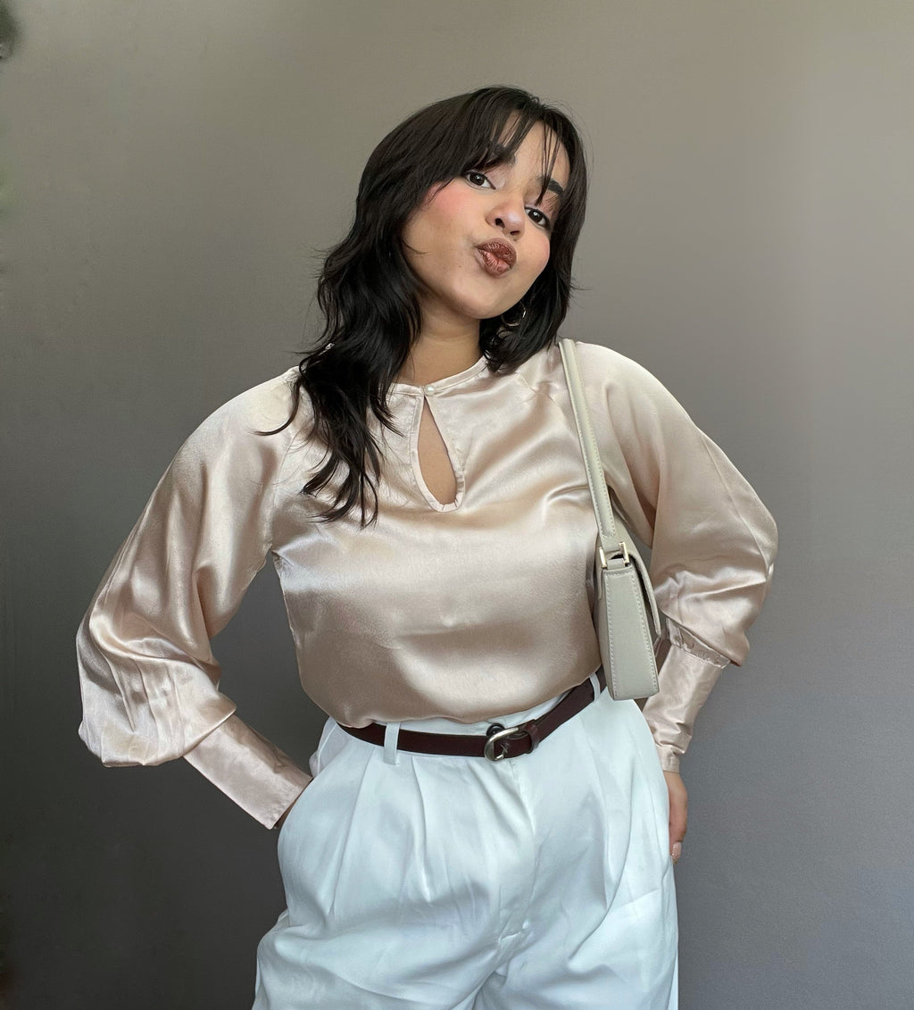 RǏWYÑ | Loose Satin Blouse With Wide Puff Sleeve