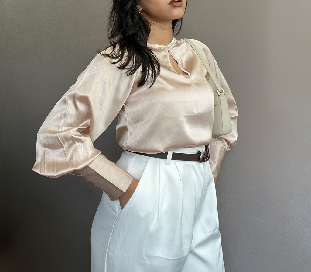 RǏWYÑ | Loose Satin Blouse With Wide Puff Sleeve