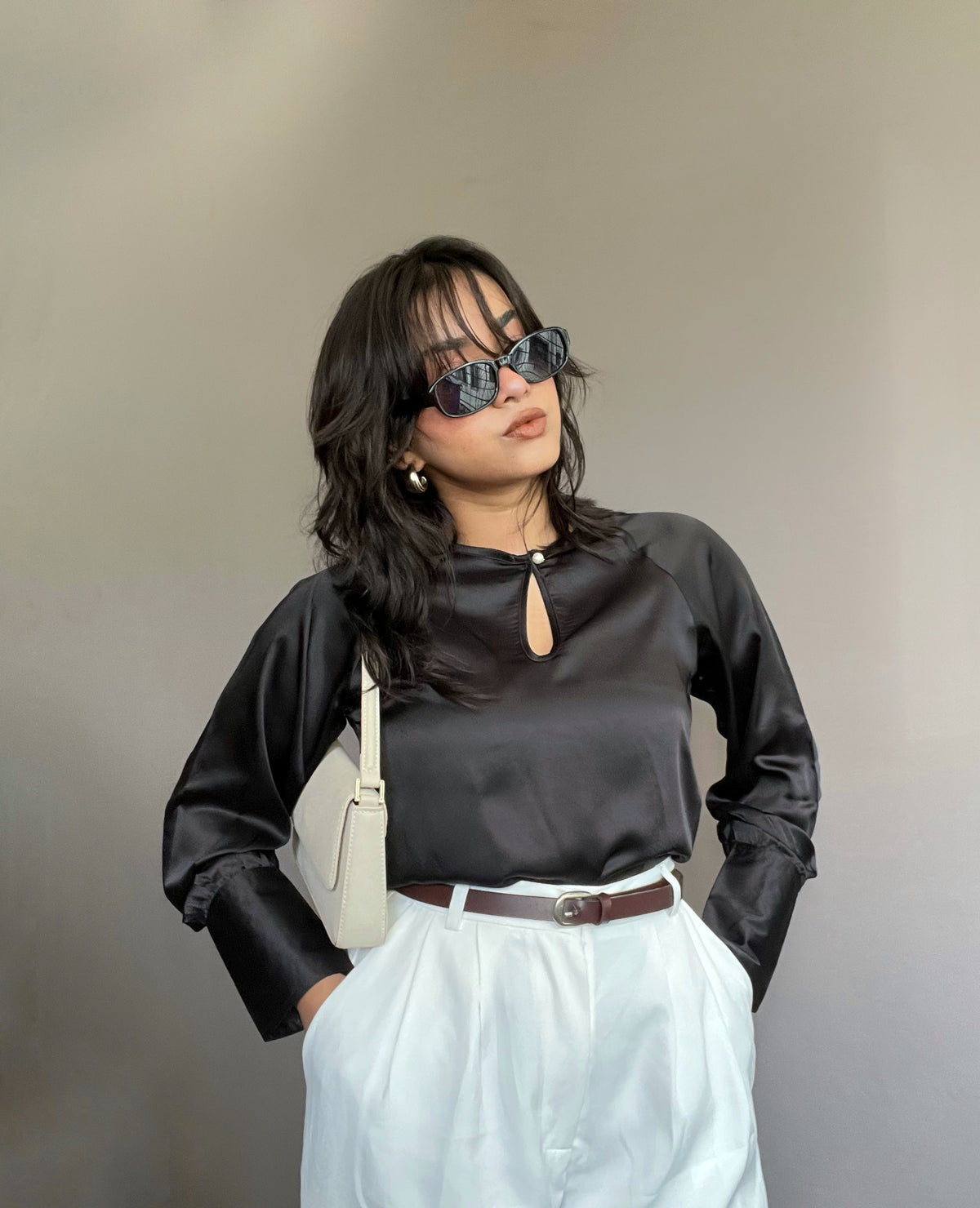 RǏWYÑ | Loose Satin Blouse With Wide Puff Sleeve