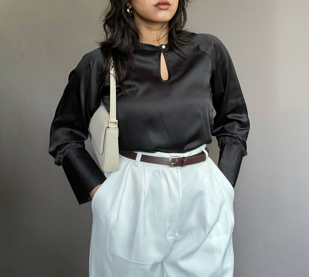 RǏWYÑ | Loose Satin Blouse With Wide Puff Sleeve