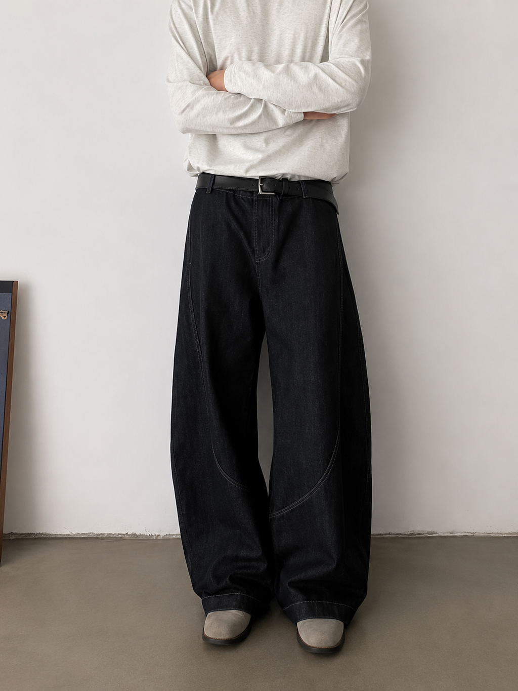 RIWYN Black Raw Finish Japan Baggy Jeans