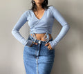 RǏWYÑ | Overlap Full Sleeve Rib Knit Top With Front Ruching