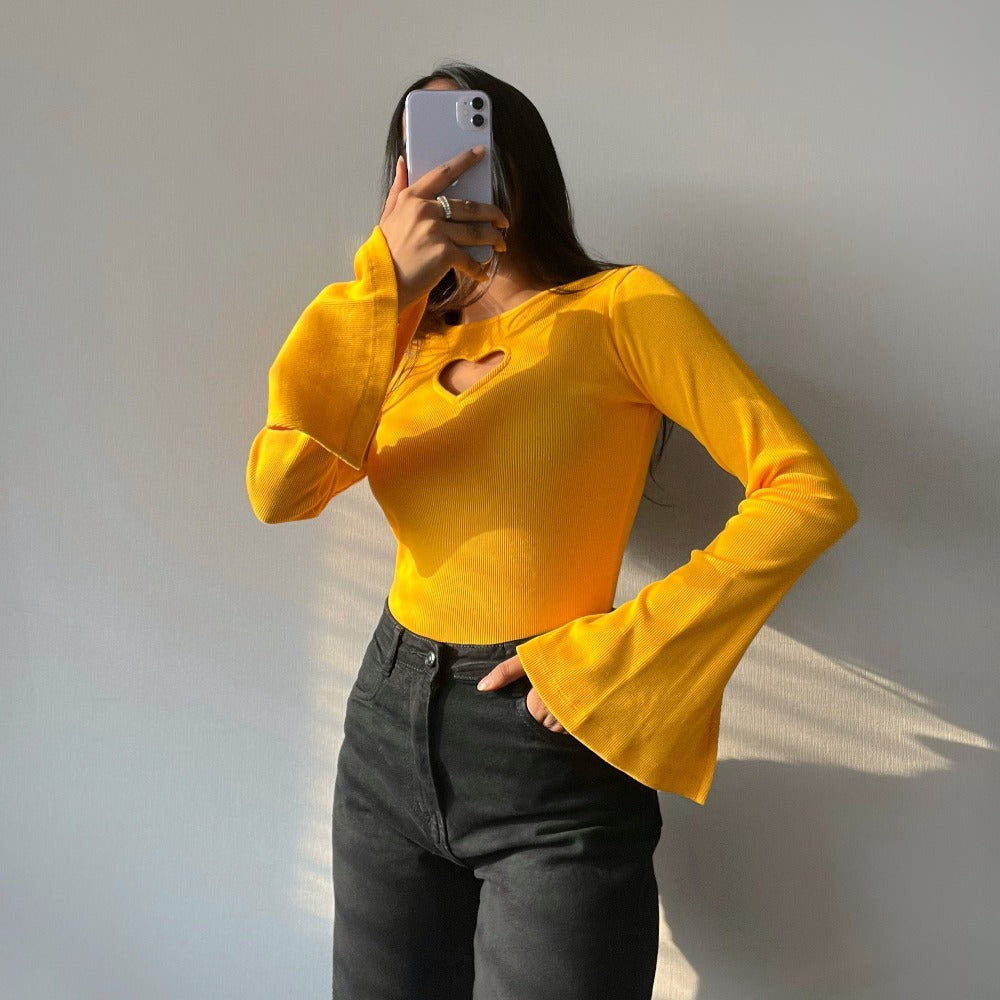 RǏWYÑ | Heart Cut Out Bell Sleeve Top