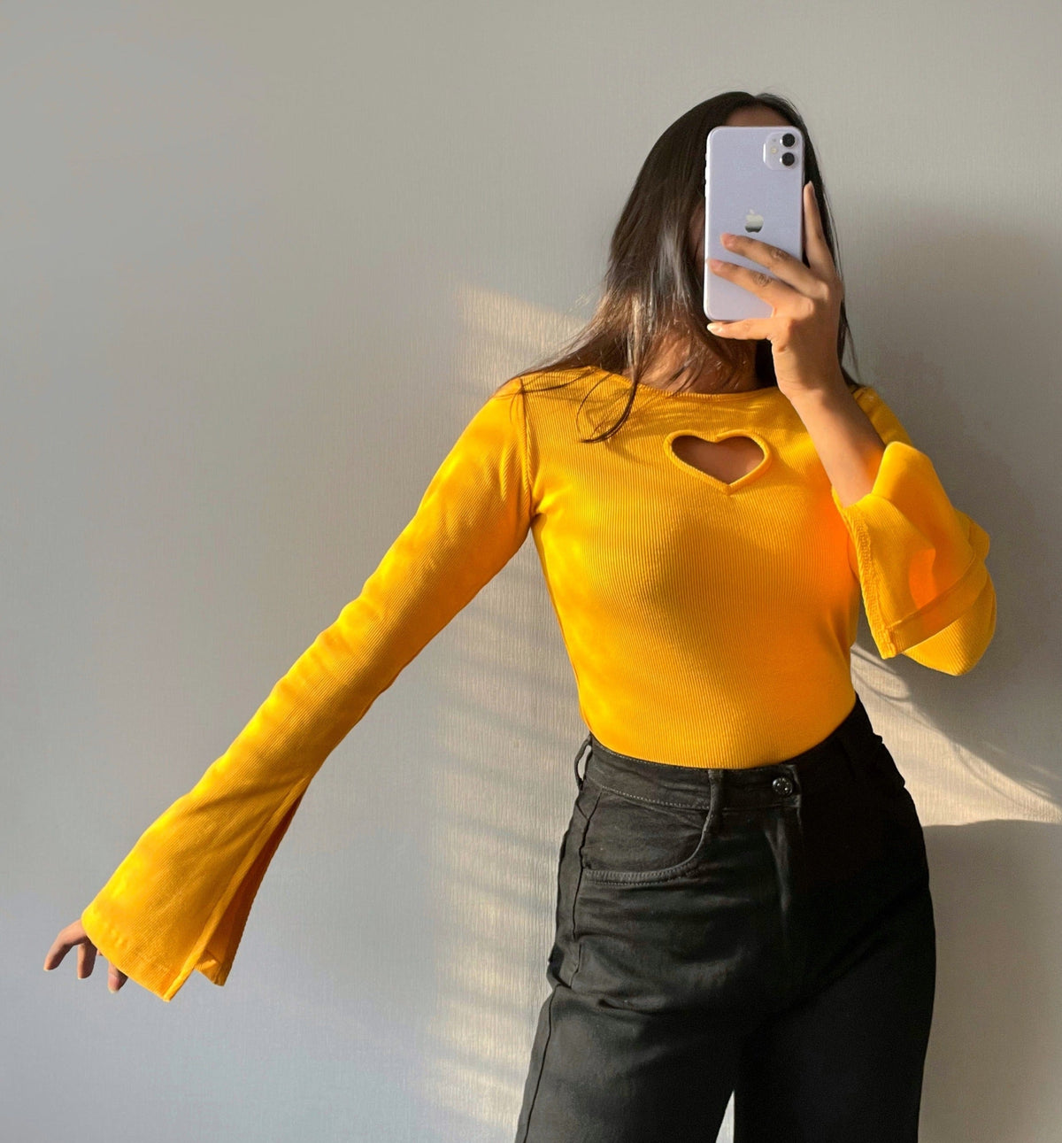 RǏWYÑ | Heart Cut Out Bell Sleeve Top