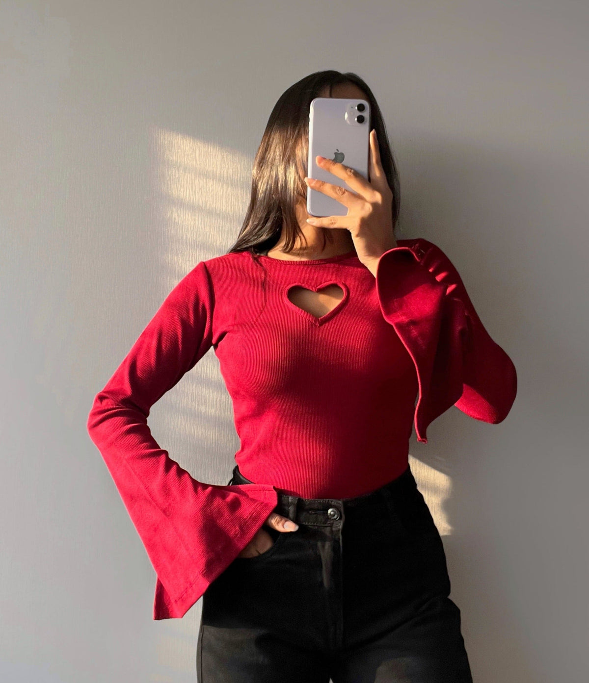 RǏWYÑ | Heart Cut Out Bell Sleeve Top