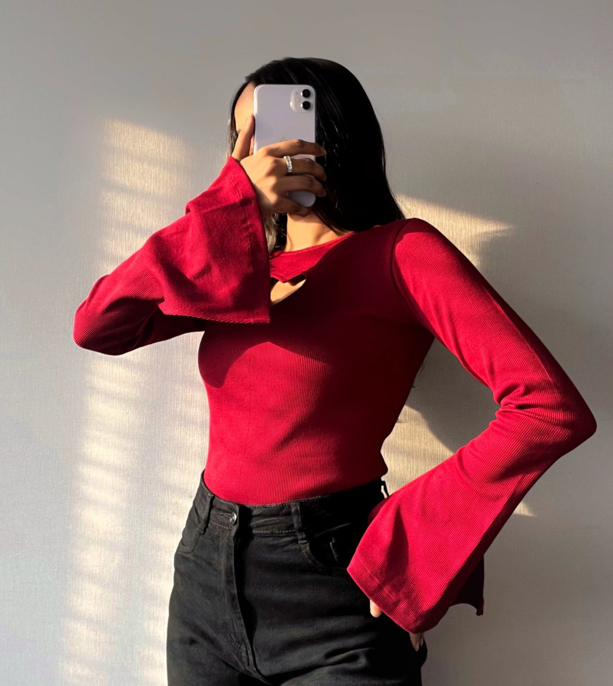 RǏWYÑ | Heart Cut Out Bell Sleeve Top