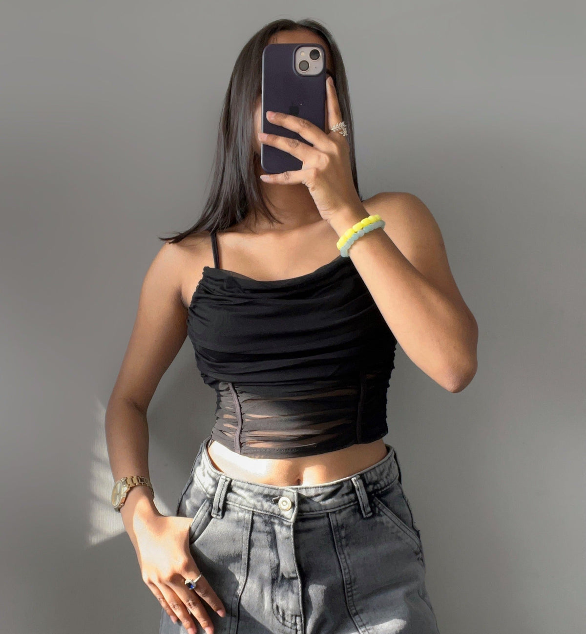 RǏWYÑ | Ruched Mesh Cropped Top