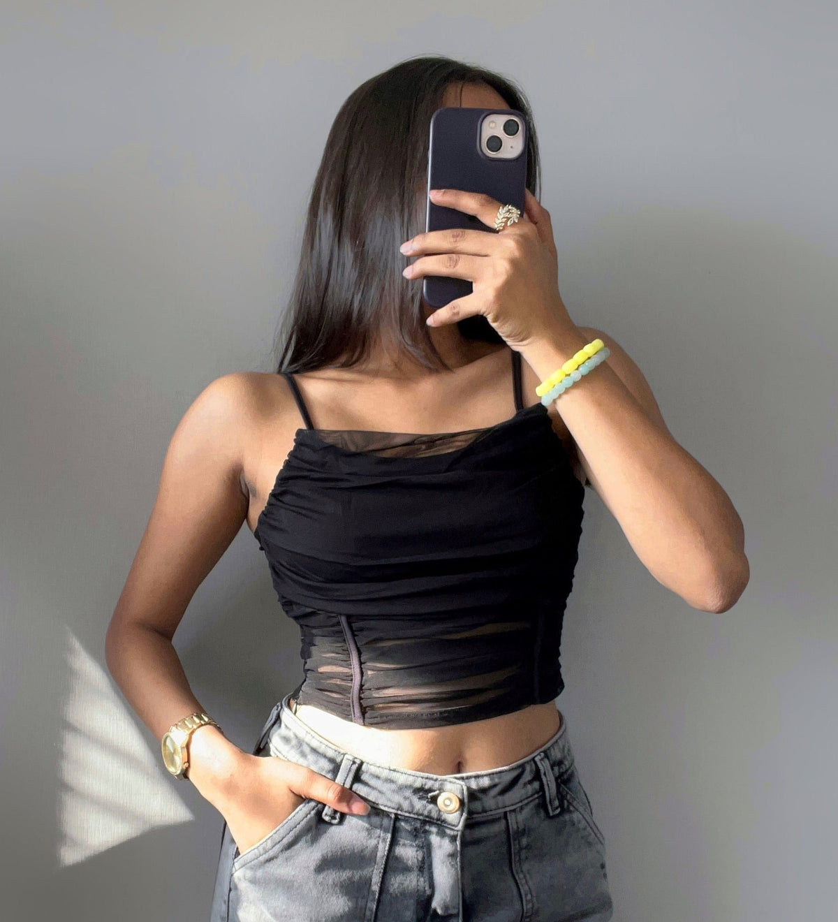 RǏWYÑ | Ruched Mesh Cropped Top