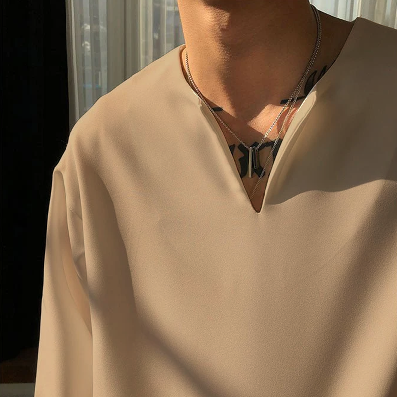 RIWYN V Neck Cuff Details Long Sleeve Korean Shirt