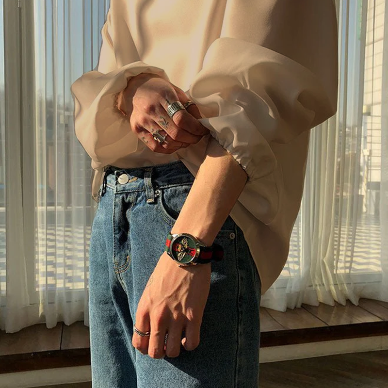 RIWYN V Neck Cuff Details Long Sleeve Korean Shirt