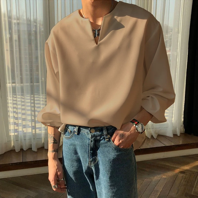 RIWYN V Neck Cuff Details Long Sleeve Korean Shirt