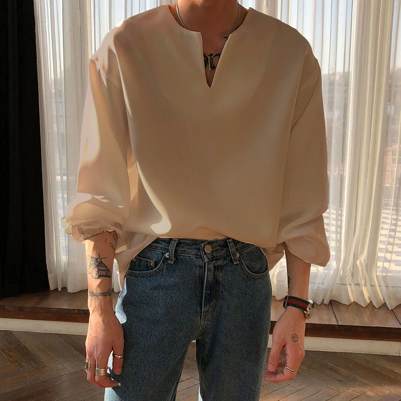 RIWYN V Neck Cuff Details Long Sleeve Korean Shirt