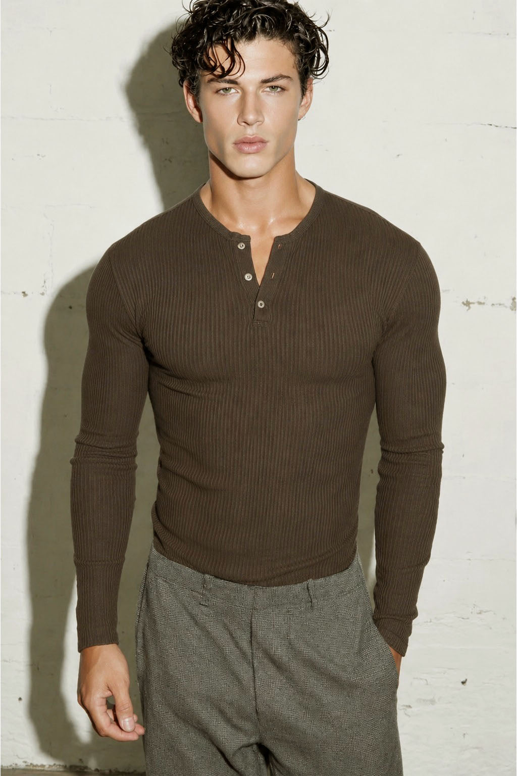 RIWYN Fine Rib Henley Full Sleeve Tee