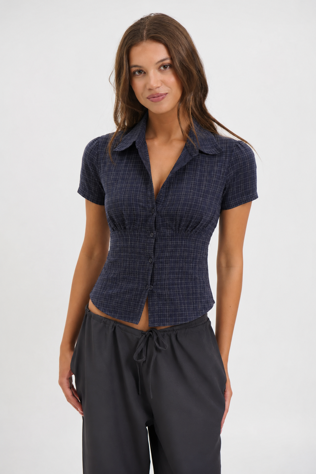 RǏWYÑ | Cinched Checks Cap Sleeve Shirt