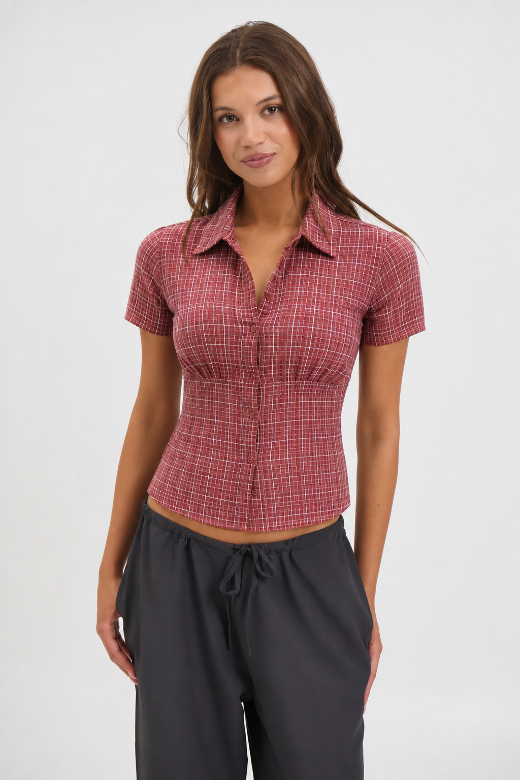 RǏWYÑ | Cinched Checks Cap Sleeve Shirt