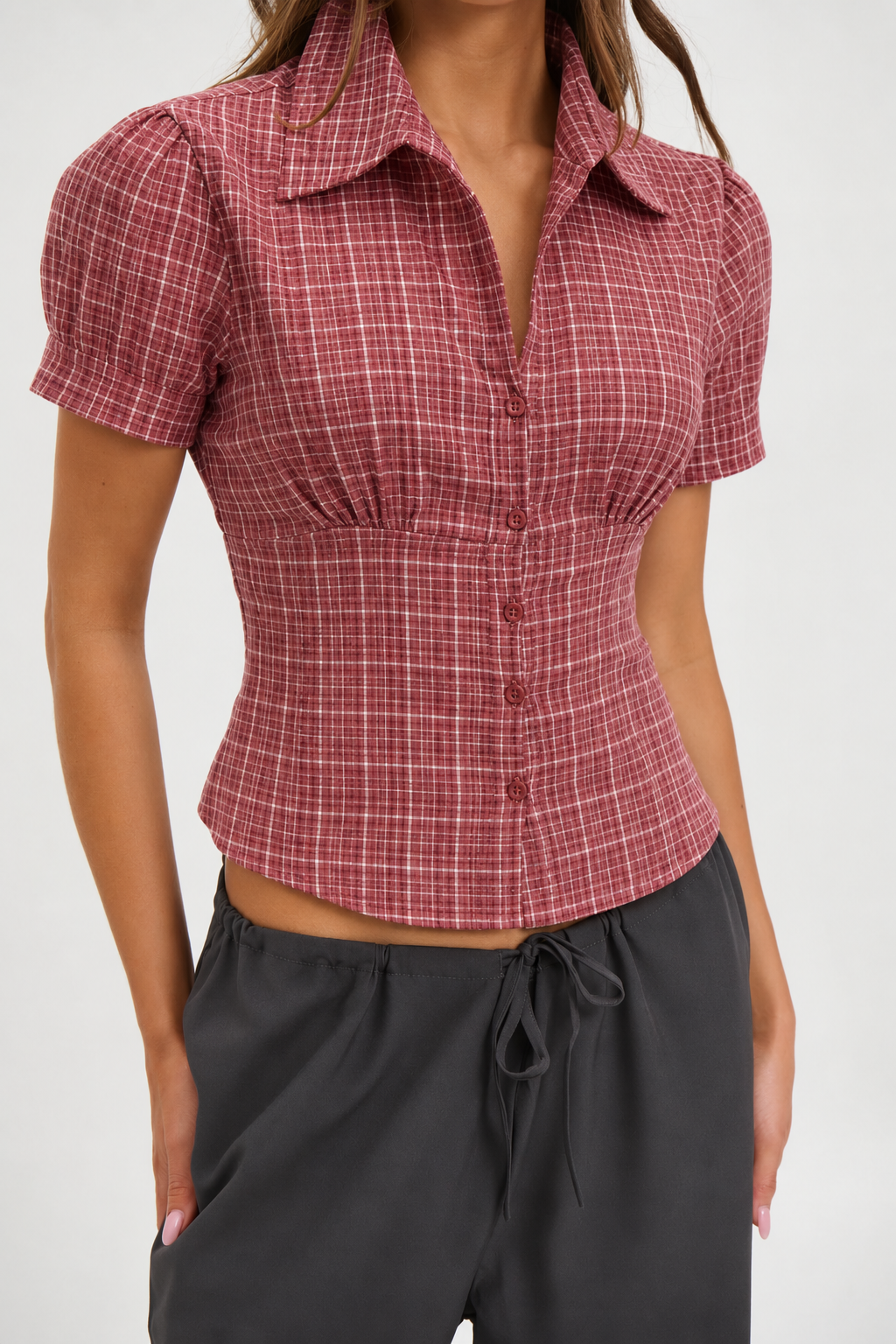 RǏWYÑ | Cinched Checks Cap Sleeve Shirt