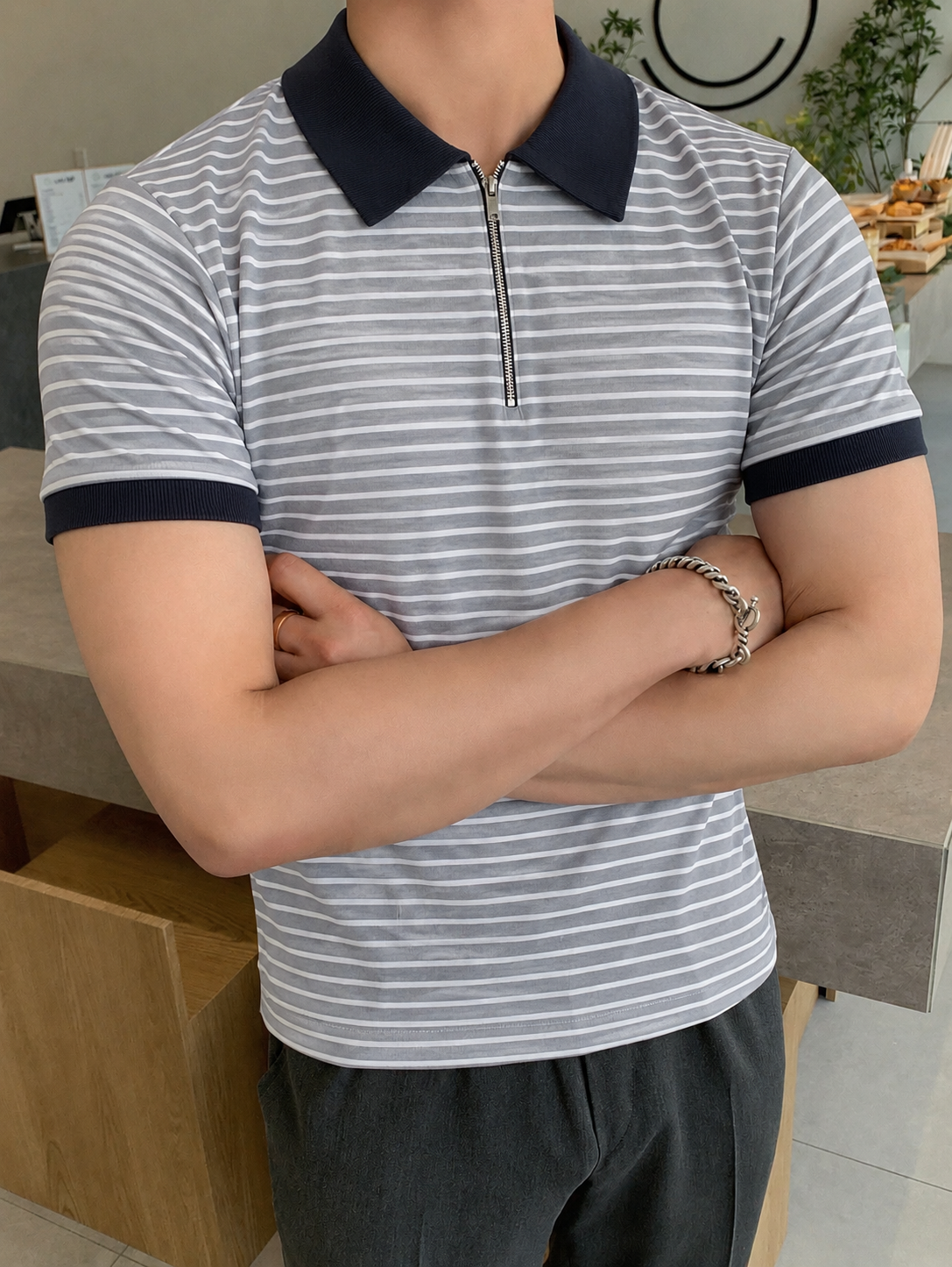 RIWYN Stripe Series Zip Polo