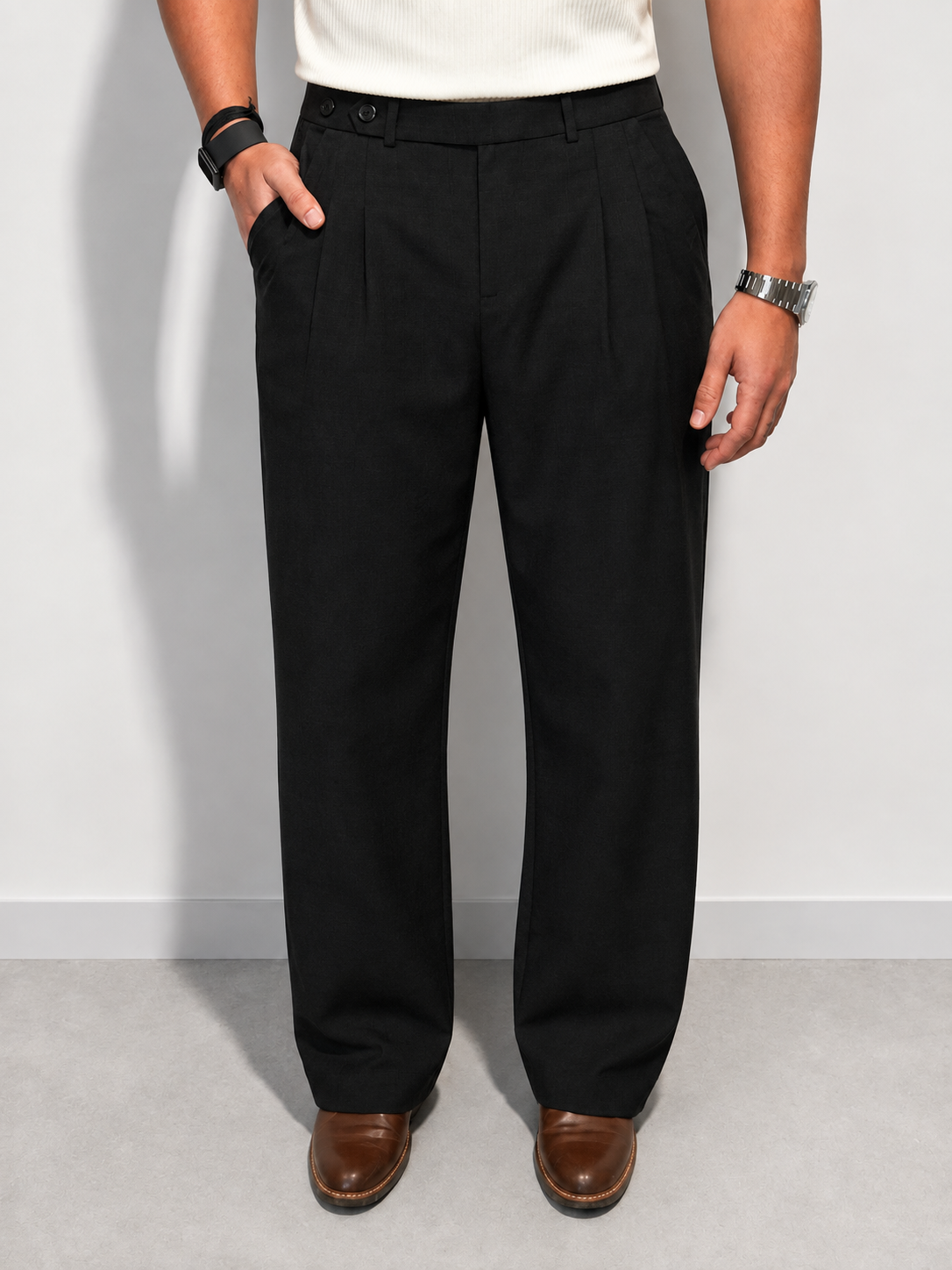 RIWYN Double Pleat Texture Straight Pants