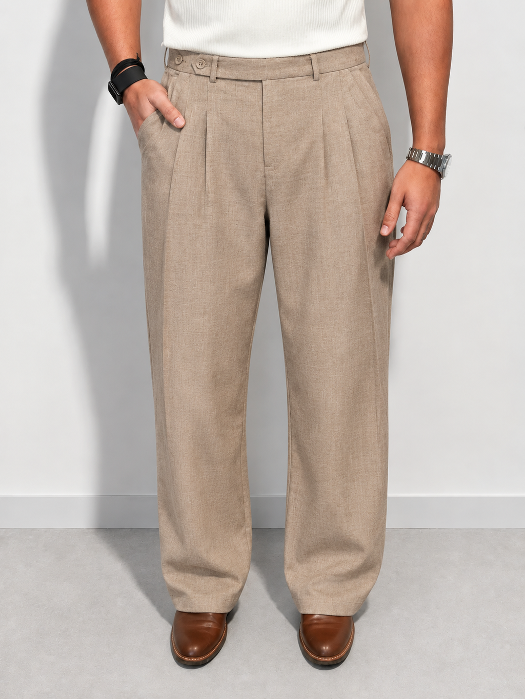 RIWYN Double Pleat Texture Straight Pants