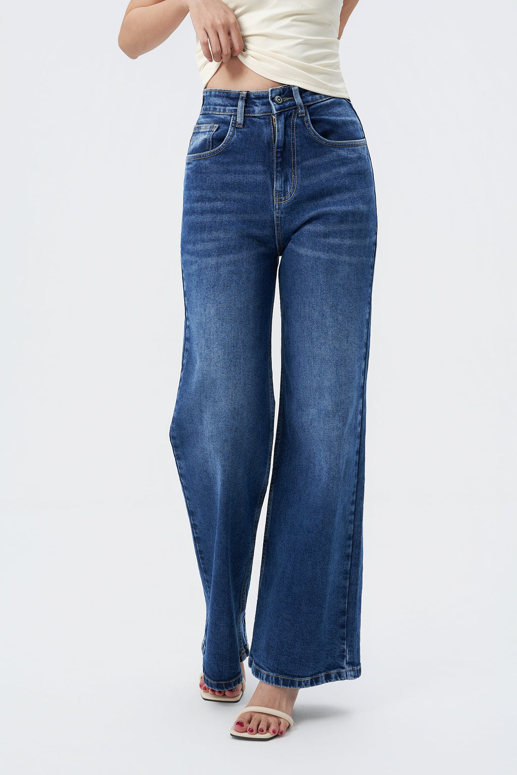 RǏWYÑ | Mid Blue Overcast Wash High Waist Wide Leg Jeans