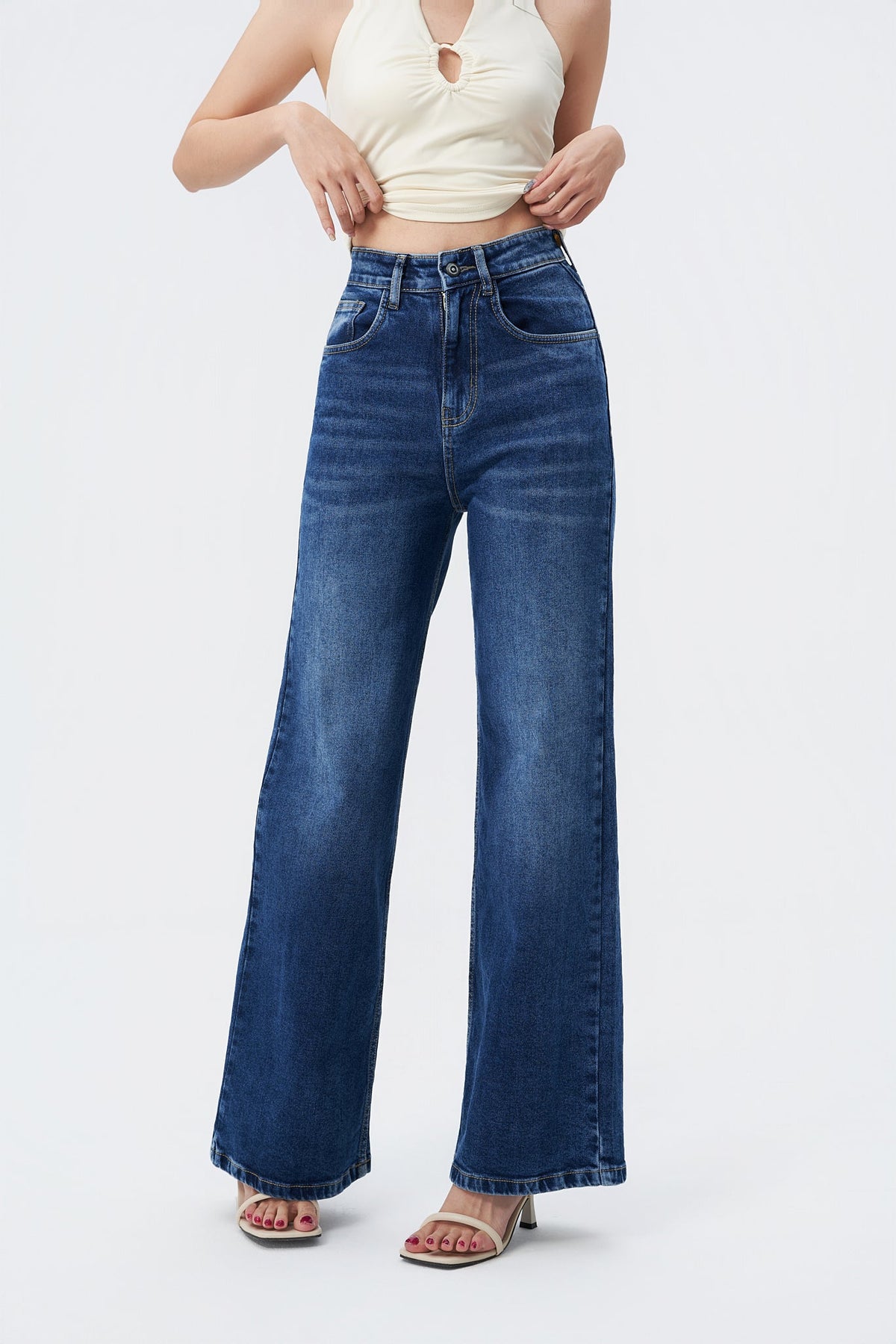 RǏWYÑ | Mid Blue Overcast Wash High Waist Wide Leg Jeans