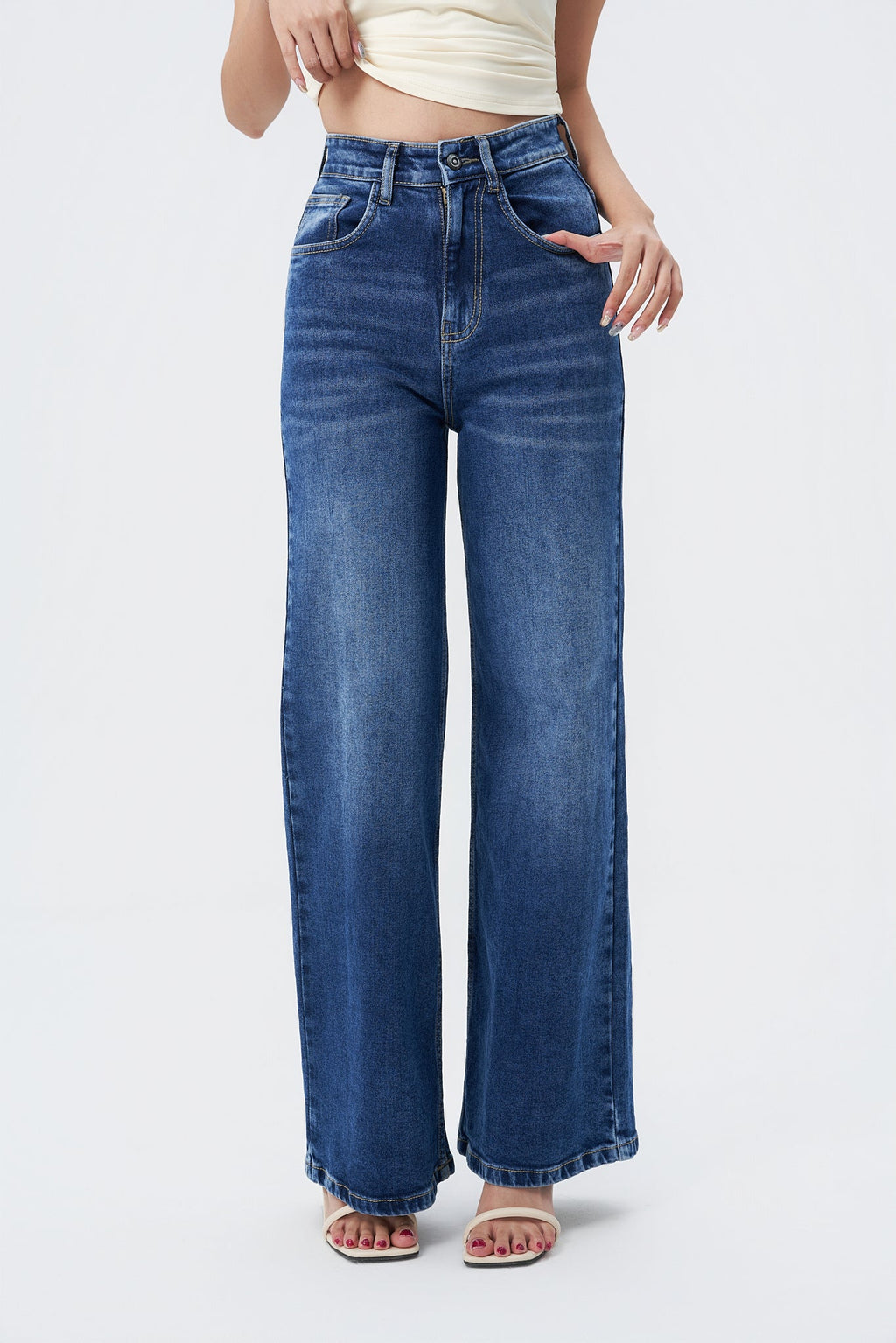 RǏWYÑ | Mid Blue Overcast Wash High Waist Wide Leg Jeans
