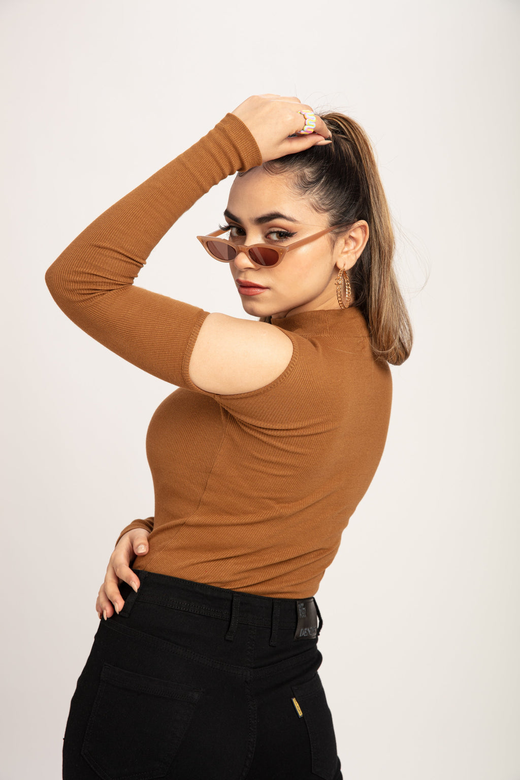 RǏWYÑ | Teddy Brown Cold Shoulder Mock Neck Top