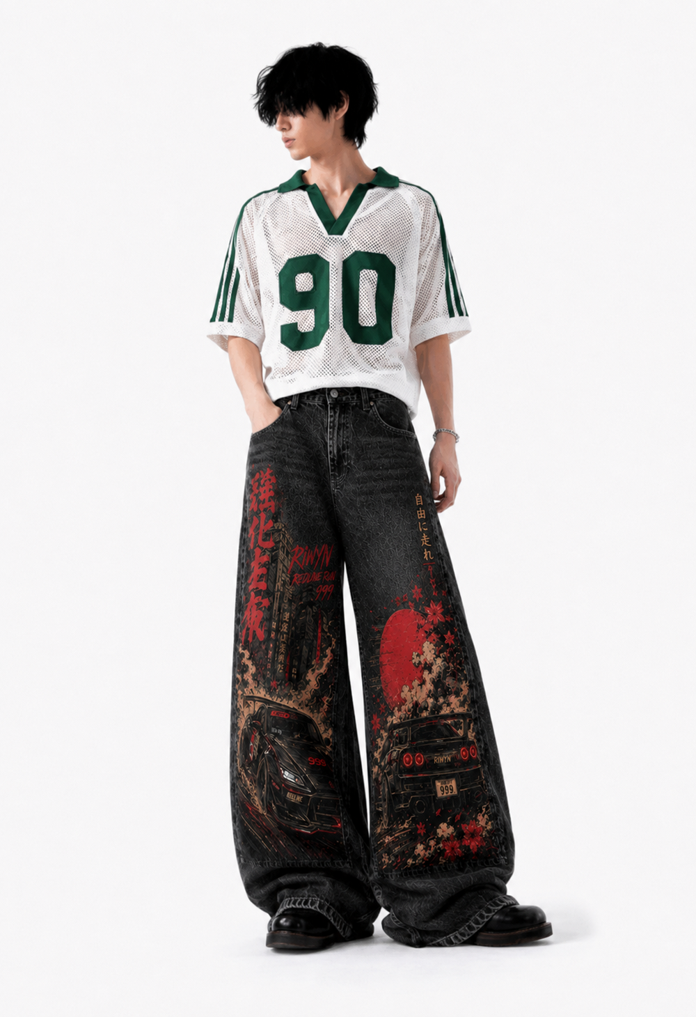 RǏWYÑ REDLINE RUN Wide-Leg Denim Printed Jeans- Limited Edition