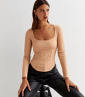 RǏWYÑ | Caramel Brown Corset Details Rib Top