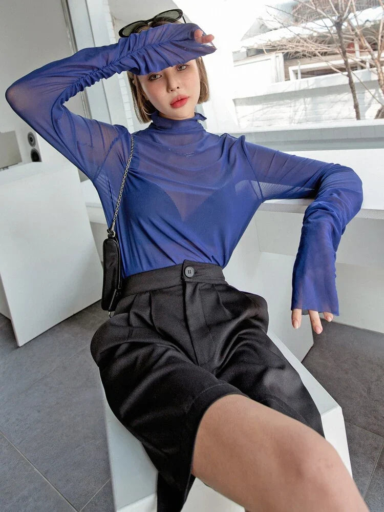 RǏWYÑ | Ruched Sleeve Sheer Top