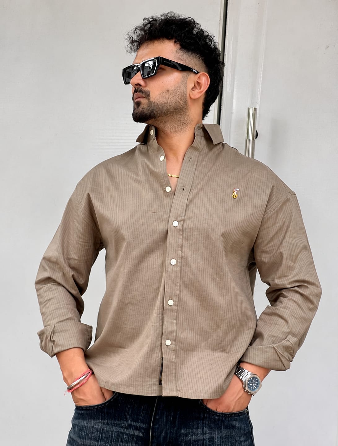 Men's taupe textured casual shirt