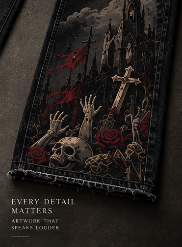 RǏWYÑ NOCTURNE skull cross and castle artwork detail