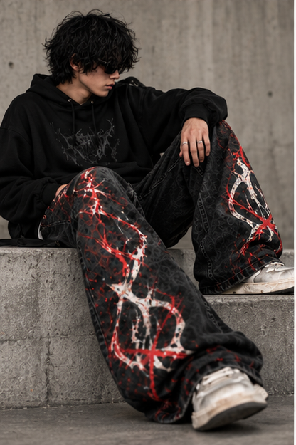 RǏWYÑ Bloodline Edition wide-leg jeans seated model