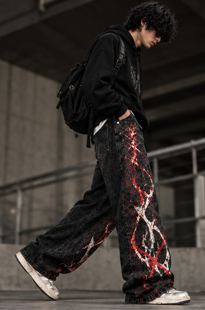 RǏWYÑ Bloodline Edition wide-leg jeans walking side view