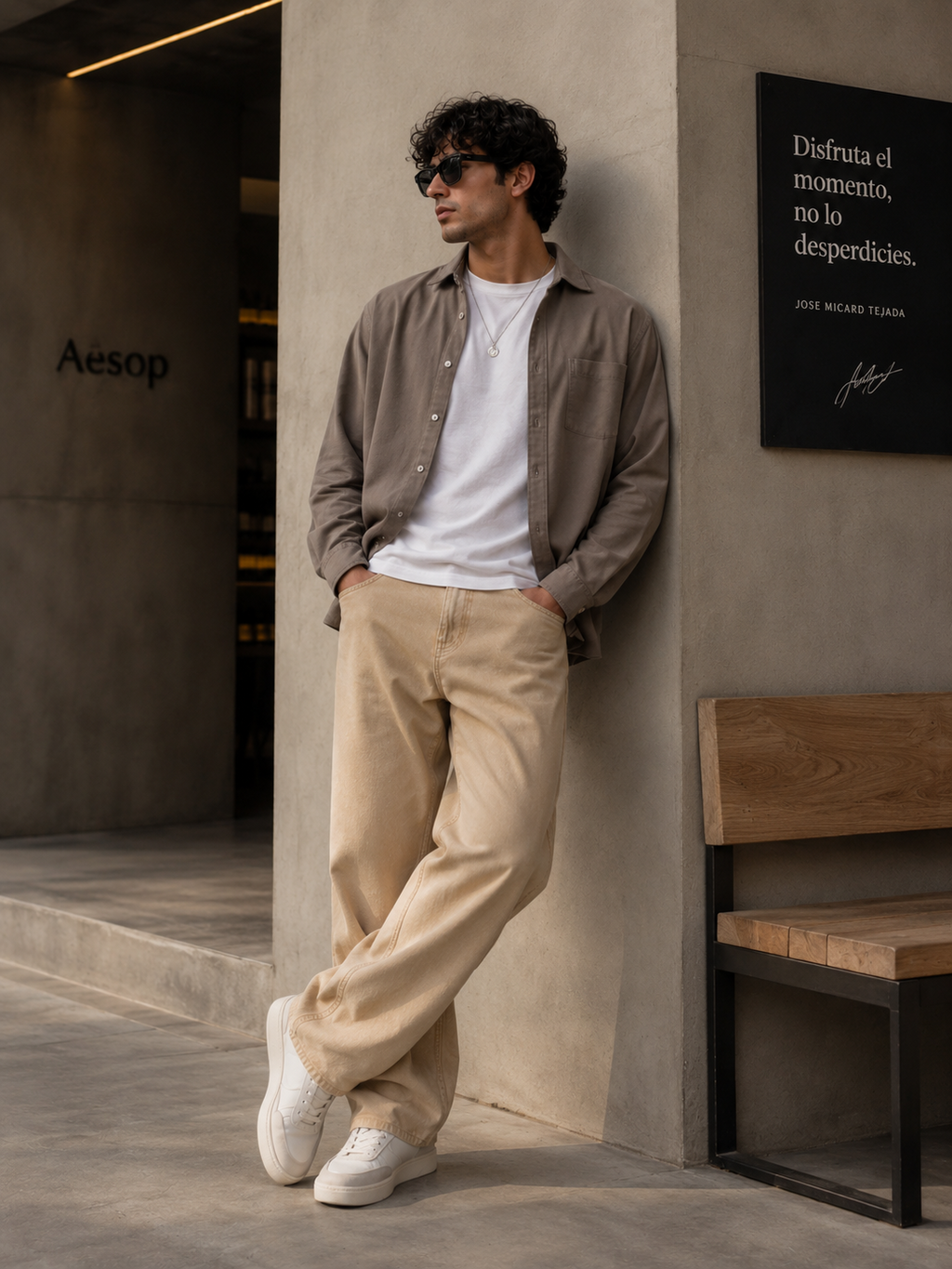 RÎWYÑ khaki wide-leg pants model