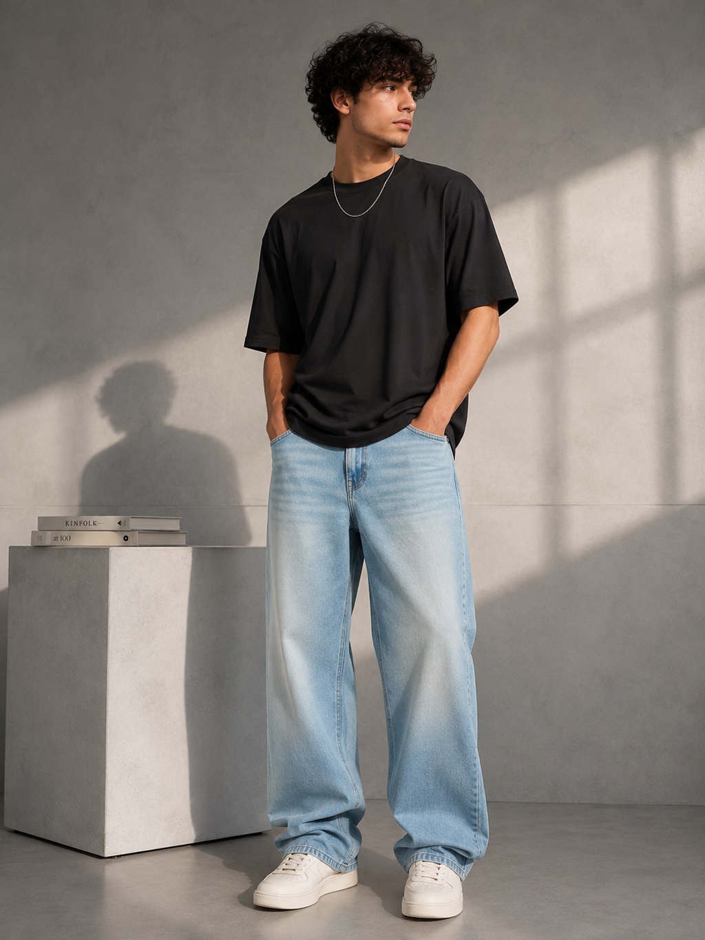 RÎWYÑ Light Wash Wide-Leg Jeans model front