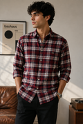 RǏWYÑ Heritage Plaid Shirt in scarlet red, navy and white