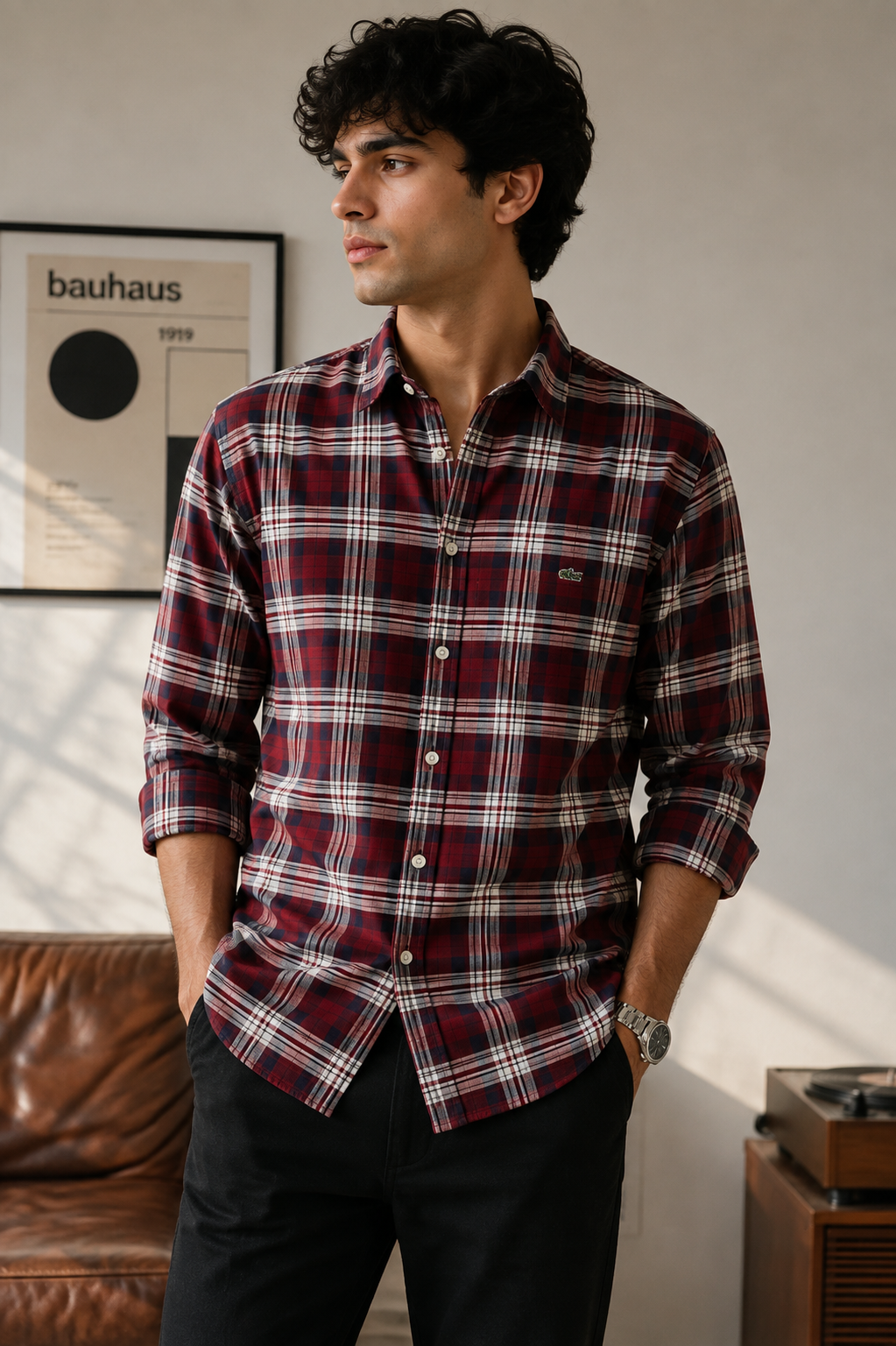 RǏWYÑ Heritage Plaid Shirt in scarlet red, navy and white